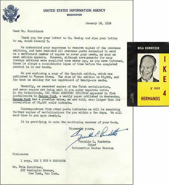 Letter from Franklin L. Burdette of the United States Information Agency to Kornitzer regarding overseas editions of his books, January 18, 1956, with an example publication.